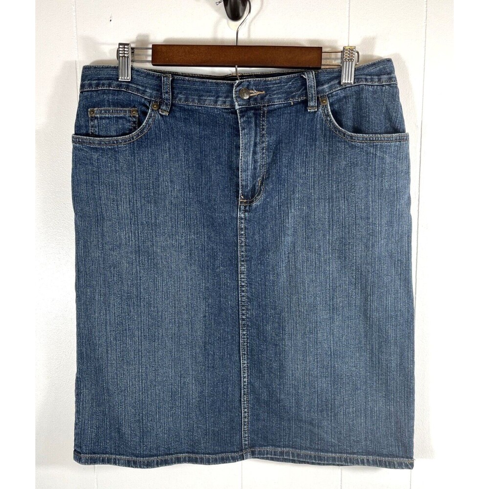 Retro American Living Denim Jean Midi Skirt Size 10 Front Zip Pockets